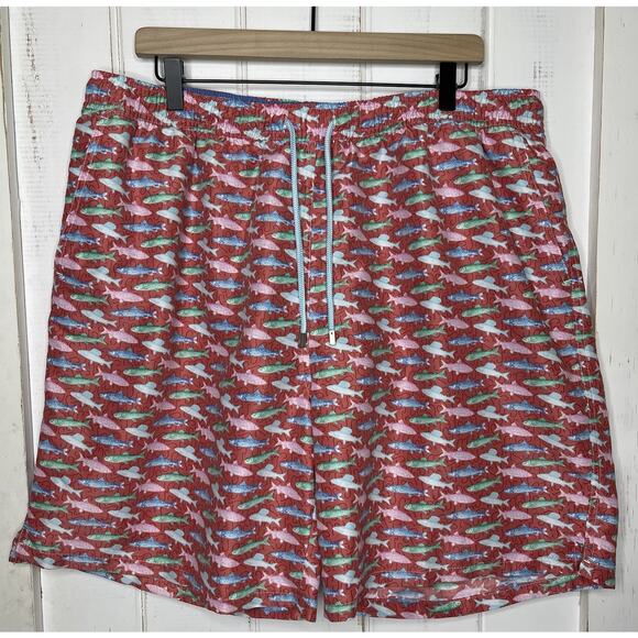 Peter Millar Other - Peter Millar XXL Pink Red Seaside Collection Swim Trunks Fish Hooks Lined Shorts